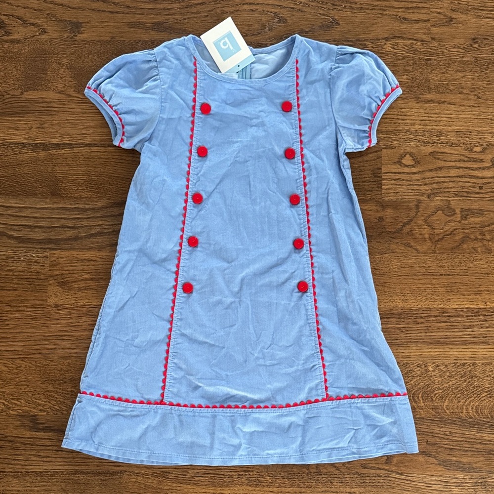 Bella Bliss Blue Corduroy Girls Dress With Red Buttoms and Trim New with Tags